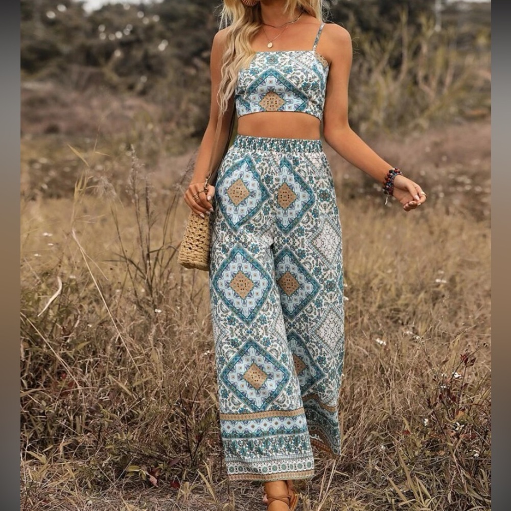 Boho 2-piece cami tie top and wide leg pants